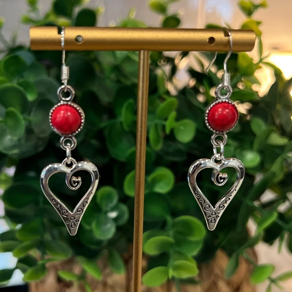 NWOT - Silver Heart Dangle Earrings with Red Accents